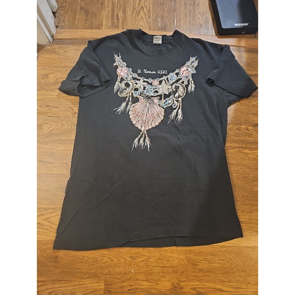 VTG 90s St Thomas USVI Virgin Islands Black T-Shirt Seashells Adult Large